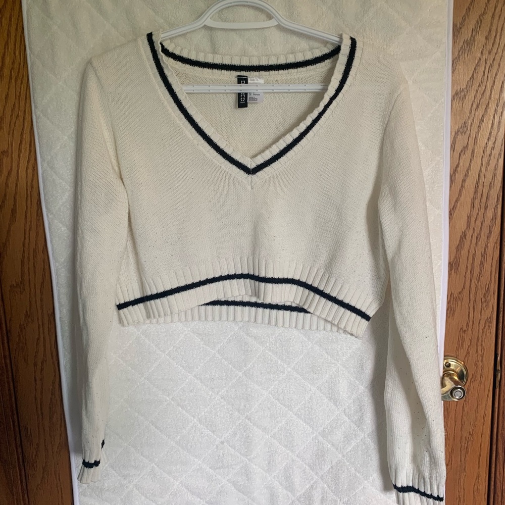 Cropped White Sweater with black trimming, size large